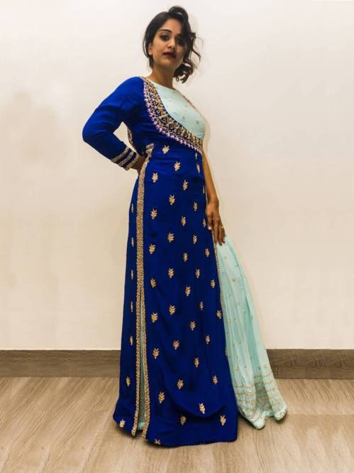 Royal Blue & Gold Embroidered Silk Gown