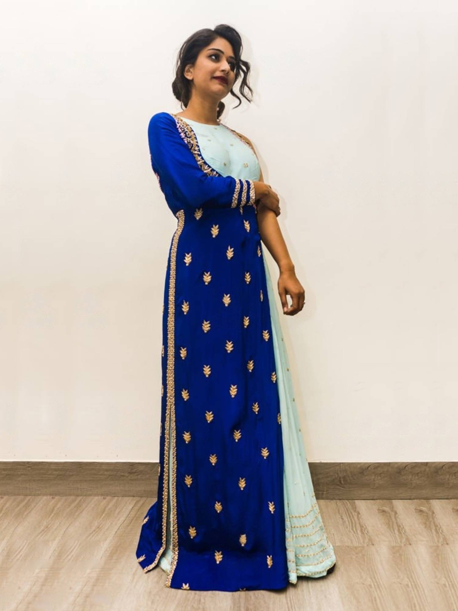 Royal Blue & Gold Embroidered Silk Gown