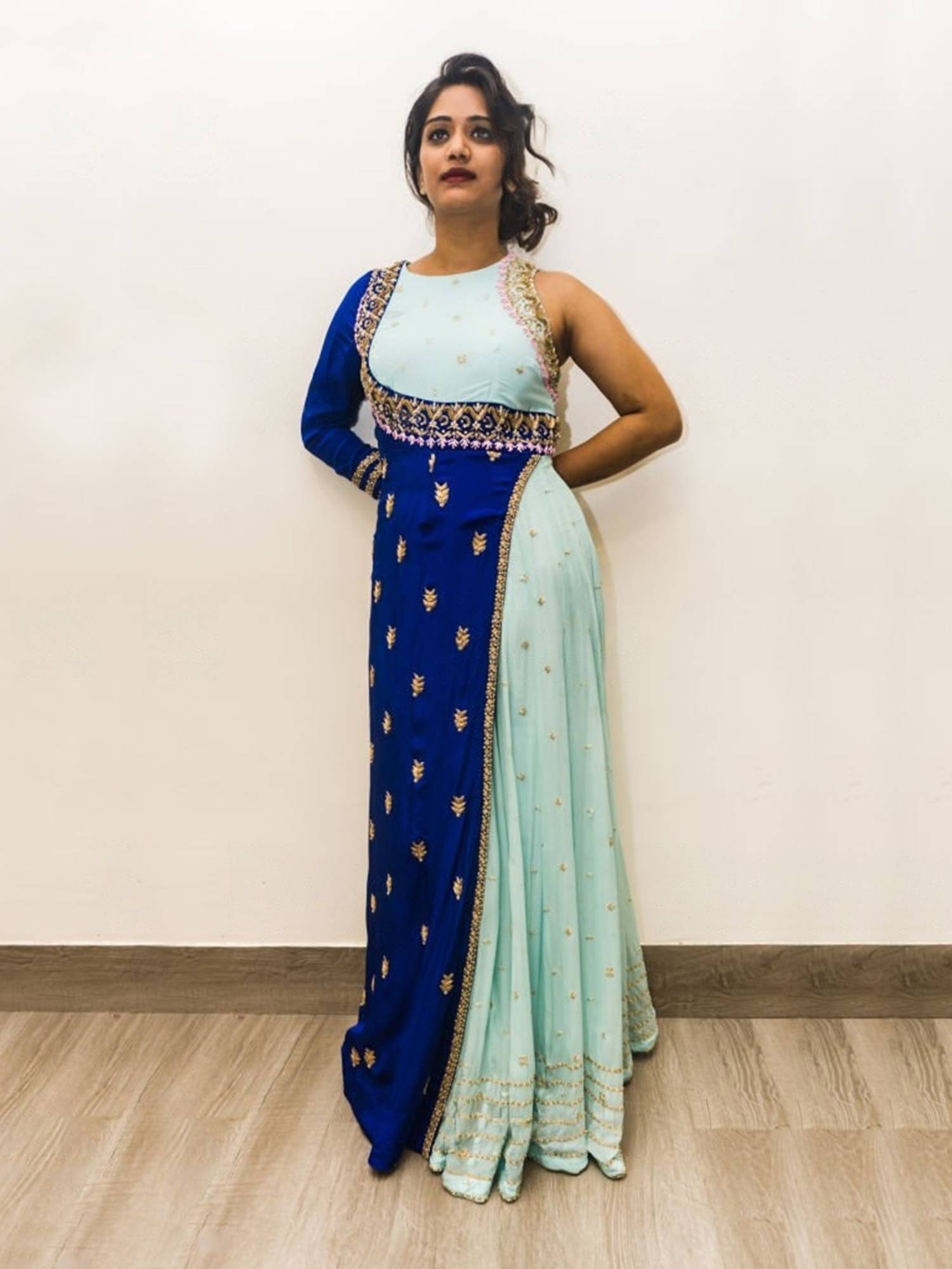 Royal Blue & Gold Embroidered Silk Gown