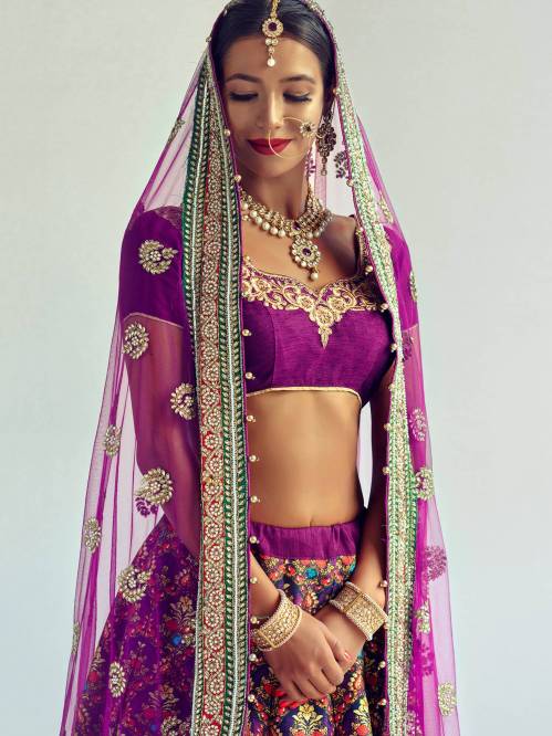 Wedding Look Silk Fabric Purple Lehenga